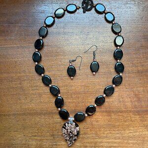 Artisan-Style Black Beaded Necklace & Earring Set with Glass Pendant